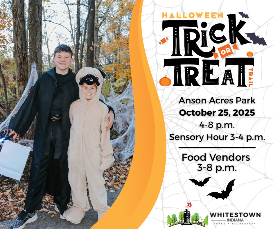 Join us for our Trick-or-Treat Trail at Anson Acres Park TOMORROW (10/25) for a family-friendly Halloween event! 🎃 

🕸️ Walk our spooky trail
🍬 Trick-or-treat
🚜 Hop on a hayride
🔥 Roast s’mores
🧙‍♀️ Come dressed in your costumes

Learn more ➡️ whitestown.in.gov/trick-or-treat