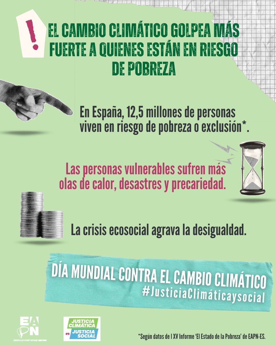 🌍 El #CambioClimático golpea más fuerte a quienes menos tienen.

En España, 12,5 millones de personas están en riesgo de pobreza y exclusión.

La #JusticiaClimática es también #JusticiaSocial.
#DíaContraElCambioClimático #24O