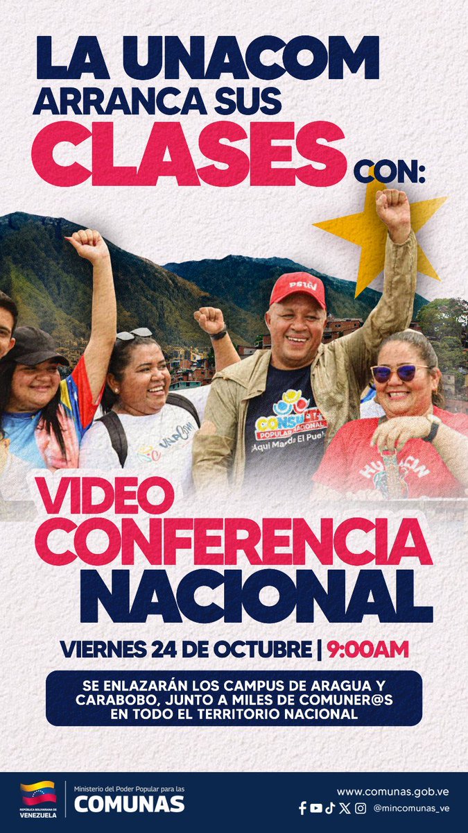 mincomunas_ve's tweet image. 👩🏻‍💻 ¡En minutos comienza la videoconferencia de inicio de clases en la #UNACOM!

Hoy, 24 de octubre, marcamos un hito en la educación popular 🇻🇪

💻Conéctate y sé parte de este inicio histórico 👇🏻
🔗 us02web.zoom.us/j/83304799592?…

#EducaciónPopular #PoderPopular #ComunaONada ✊🏻