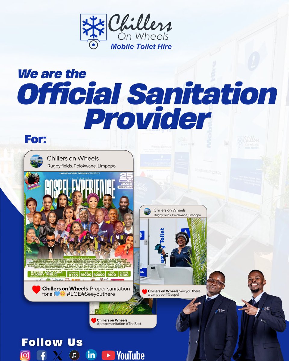 chillersonwheel's tweet photo. We’re proud to be the Official Sanitation Provider for the Limpopo Gospel Experience! 🙌
Clean, reliable, and event-ready,that’s the Chillers On Wheels promise.☺️

#ChillersOnWheels #ProperSanitation #LimpopoGospelExperience #EventReady #TheBestInTheGame #LimpopoEvents https://t.co/oK5txcdy1v