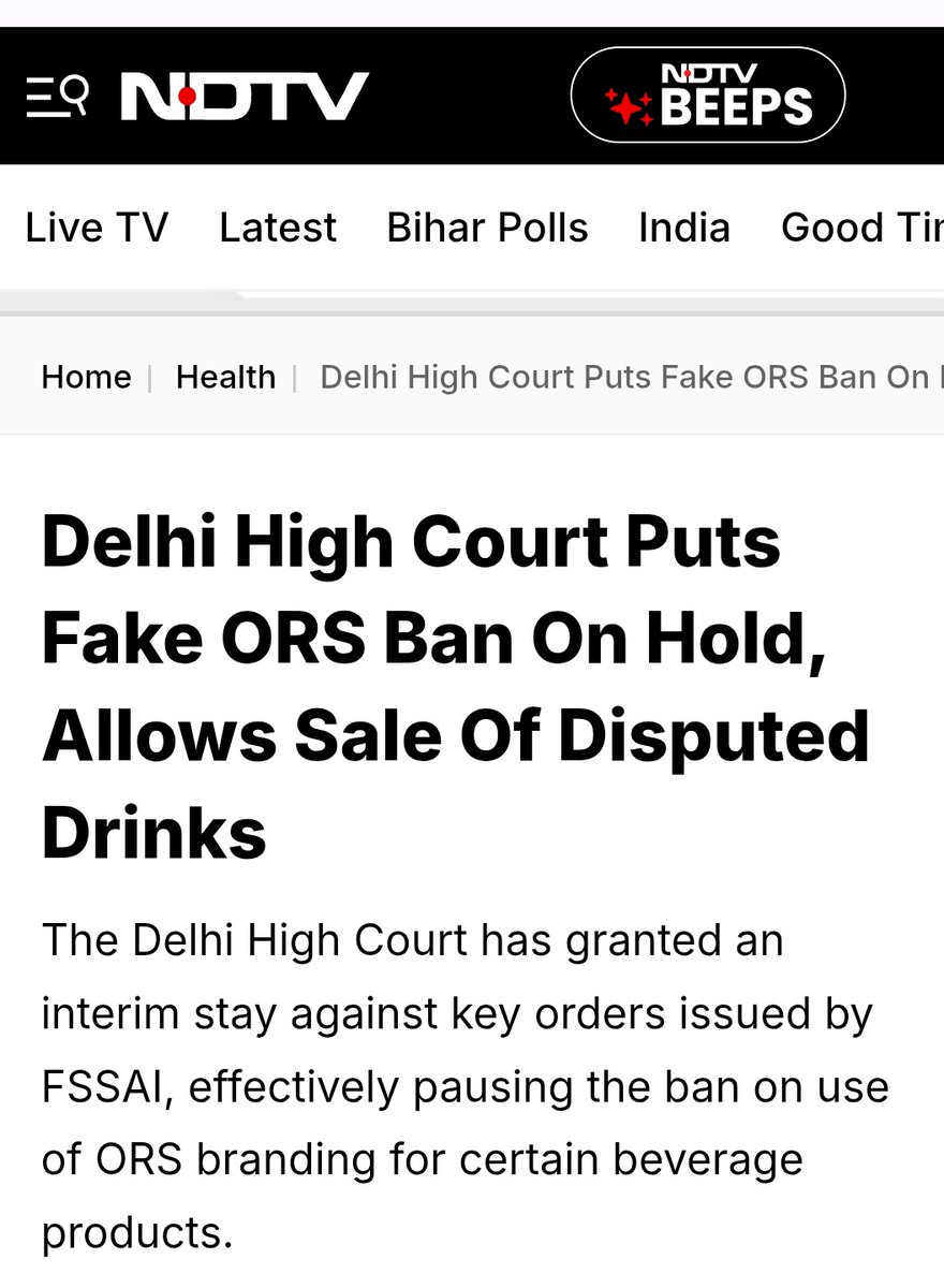NAFORD strongly condemns the sale of fake ORS drinks &amp; the Delhi High Court's stay on FSSAI's ban. WHO based ORS has a potential to reduce the fatality by 90%  if used correctly in diarrhoea cases for children. We urge reversal of the stay to protect our children! #BanFakeORS