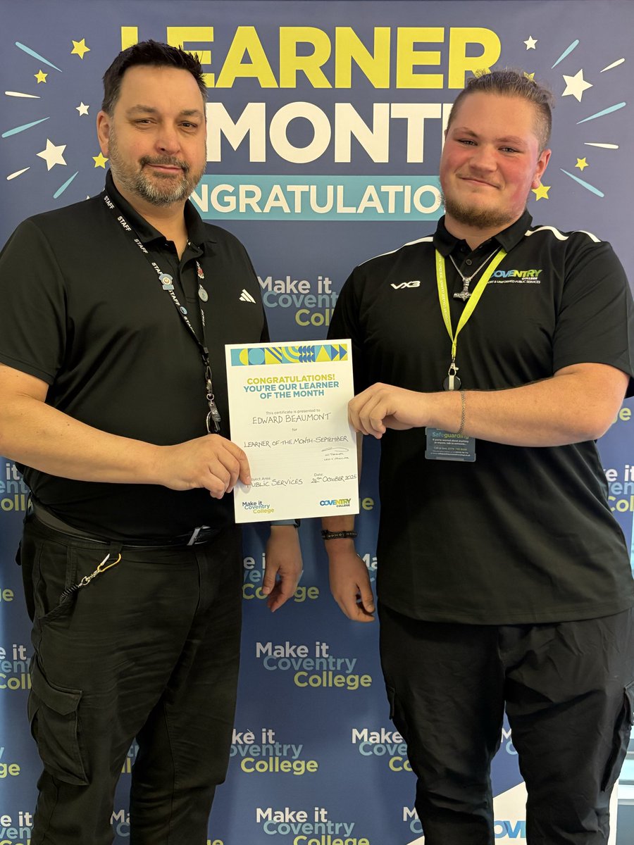 Congratulations to <a href="/CoventryPublic/">Coventry College Sport & Uniformed Public Services</a> LV3 Year 1 Entry to the Uniformed Services learner Edward Beaumont, who is the first 25/26 recipient of Learner of the Month. He was nominated for outstanding professionalism &amp; attitude at Police Training recently 💪🏻 <a href="/coventrycollege/">Coventry College</a>