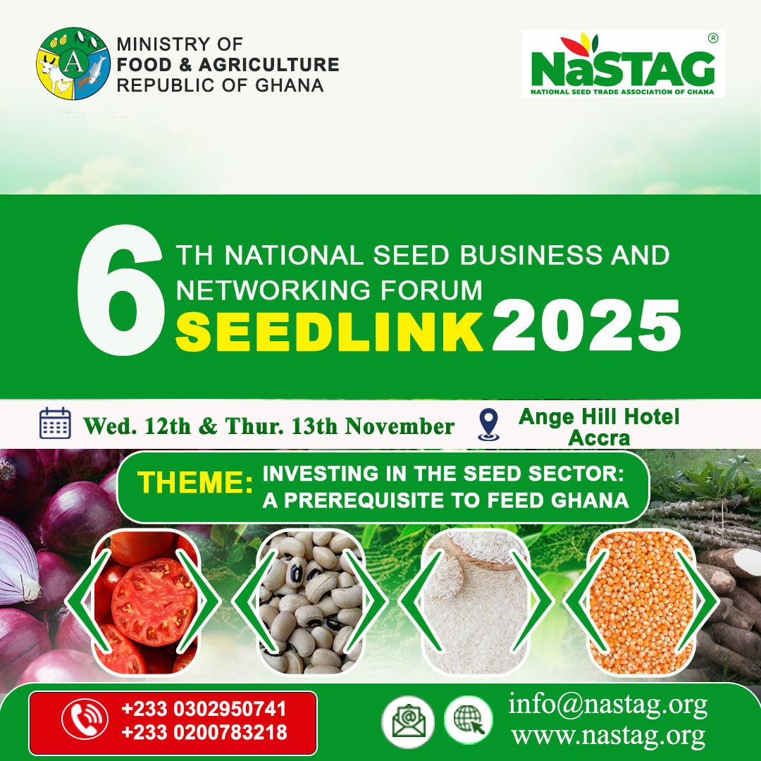 Nasta_ghana's tweet photo. Get Ready for SEEDLINK 2025

Join us for the 6th National Seed Business and Networking Forum — the biggest gathering of seed sector stakeholders in Ghana!
12th �� 13th November 2025
Ange Hill Hotel, Accra
Theme: Investing in the Seed Sector: A Prerequisite to Feed Ghana
#NaSTAG# https://t.co/TVzhYxug3N