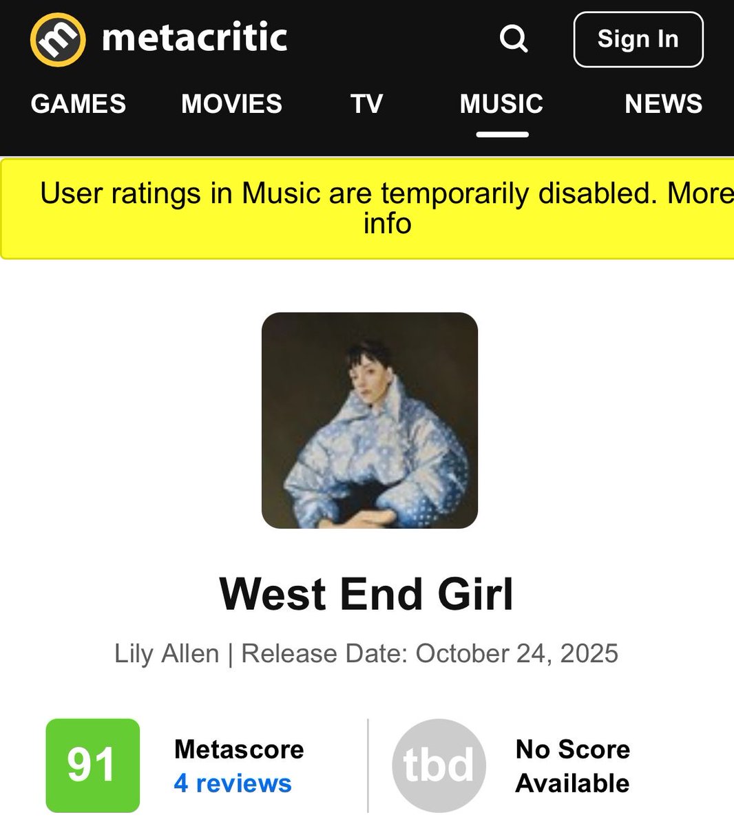 ACLAMADA! "West End Girl", novo álbum de Lily Allen, estreia com 91 no Metacritic.