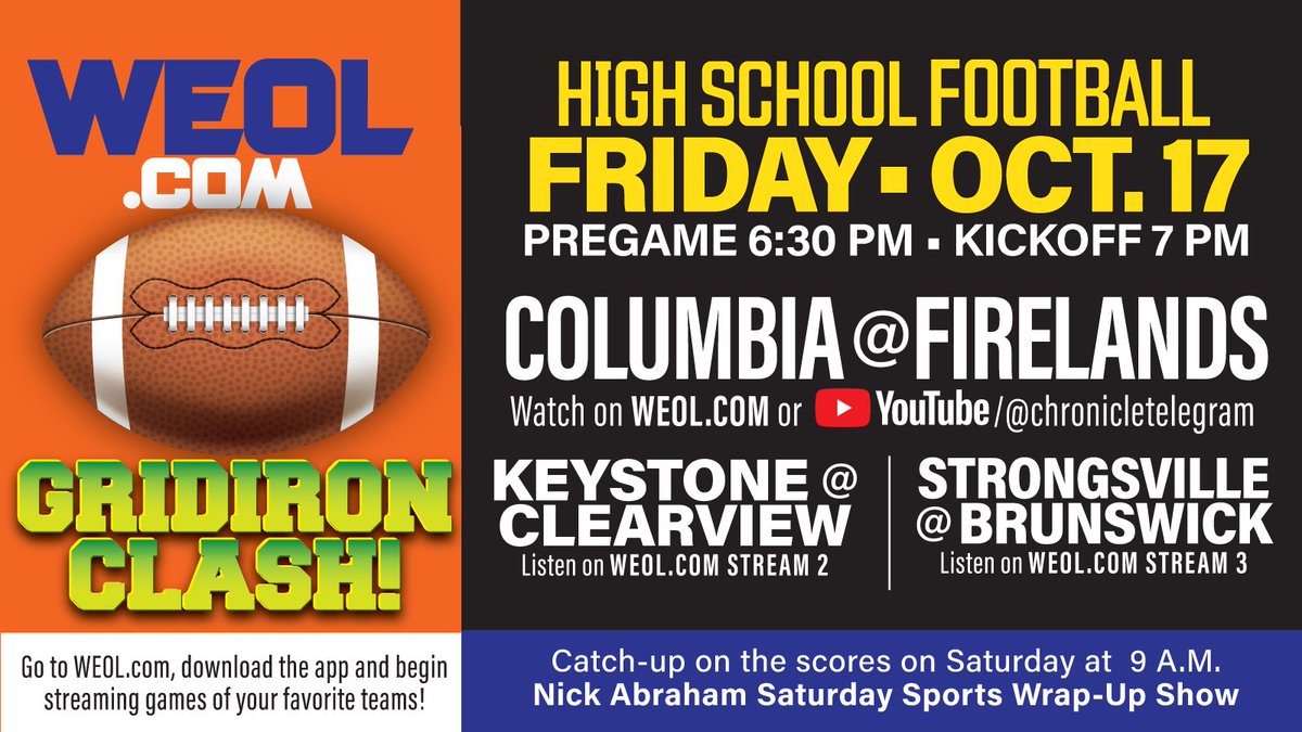 Michael Keefe (@garagebeersmike) on Twitter photo Week TEN of HS football is here! 
Tonight, <a href="/Noush9602/">Rocco Nuosci</a> will be in Brunswick for The Battle of Boston Road!
It's the (7-2) <a href="/Strongsville_FB/">StrongsvilleFootball</a> against the (5-4) <a href="/BHSGoBigBlue/">Brunswick HS Athletics</a>!
Pregame starts at 6:30, kickoff at 7:00! Catch all the action on Stream 3 of <a href="/WEOL_Media/">WEOL Media</a>!! Week TEN of HS football is here! 
Tonight, <a href="/Noush9602/">Rocco Nuosci</a> will be in Brunswick for The Battle of Boston Road!
It's the (7-2) <a href="/Strongsville_FB/">StrongsvilleFootball</a> against the (5-4) <a href="/BHSGoBigBlue/">Brunswick HS Athletics</a>!
Pregame starts at 6:30, kickoff at 7:00! Catch all the action on Stream 3 of <a href="/WEOL_Media/">WEOL Media</a>!!