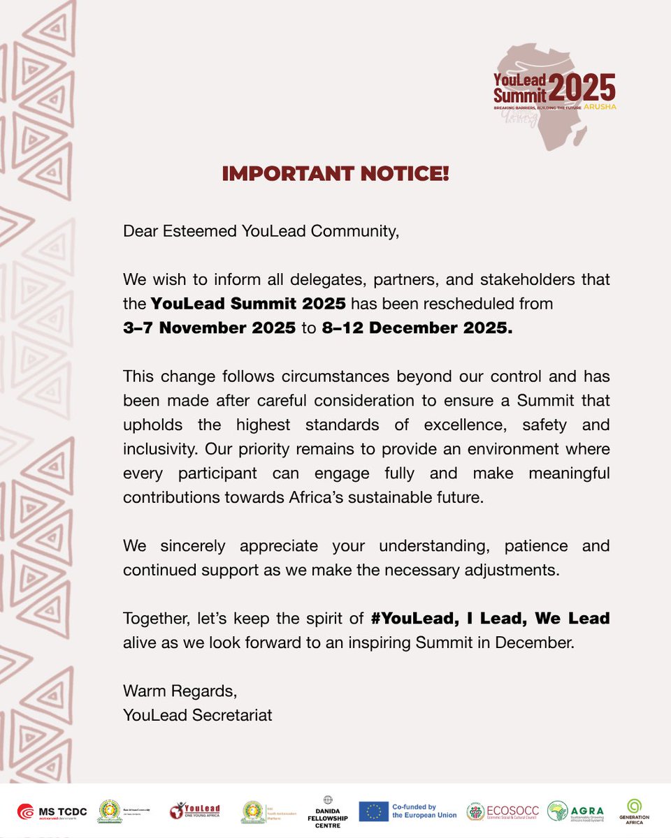 OneYoungAfrica's tweet image. The @OneYoungAfrica Secretariat wishes to inform all delegates, partners, and stakeholders that the YouLead Summit 2025 has been rescheduled from 3–7 November 2025 to 8–12 December 2025.