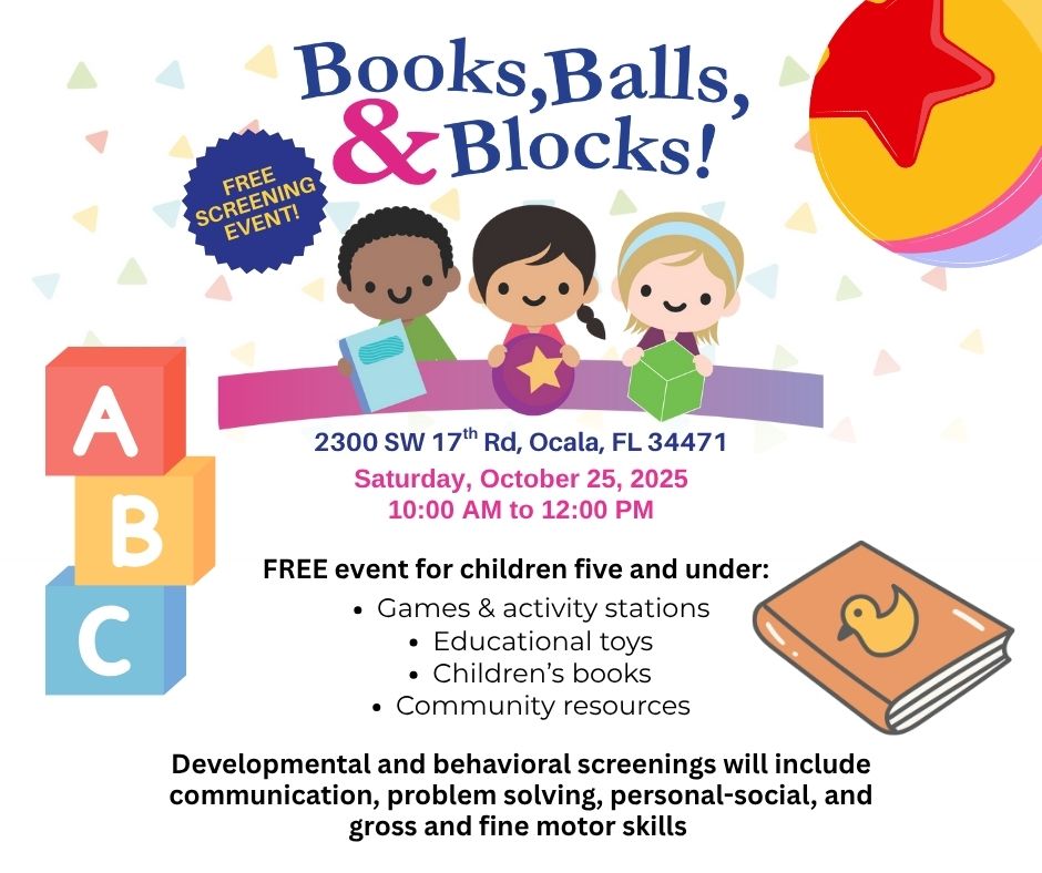 cfcaa_'s tweet image. FREE Books, Balls &amp;amp; Blocks event for families with children birth to five years old!

📅 Date: Saturday, October 25, 2025
⏰ Time: 10am - 12pm
📍 Location:  Early Learning Coalition of Marion County Inc, 2300 SW 17th Rd, Ocala, FL 34471

#HelpMeGrowFL
