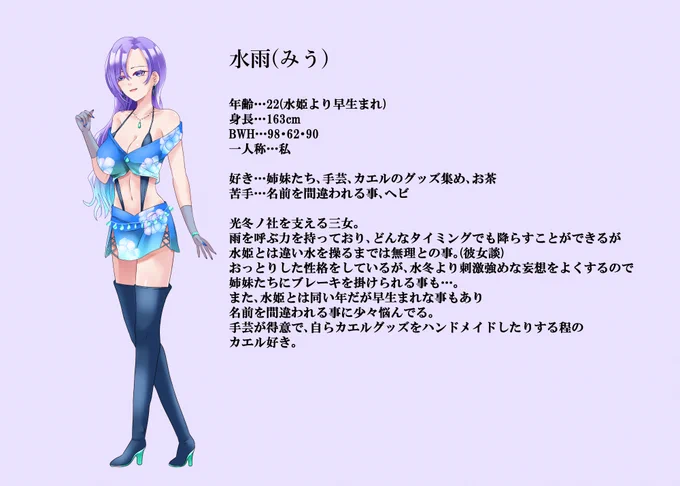 光冬ノ社に新しいオリキャラが増えました 「水雨(みう)」さんです 雨を呼ぶ三女 #光冬ノ娘アート #オリジナルキャラクター