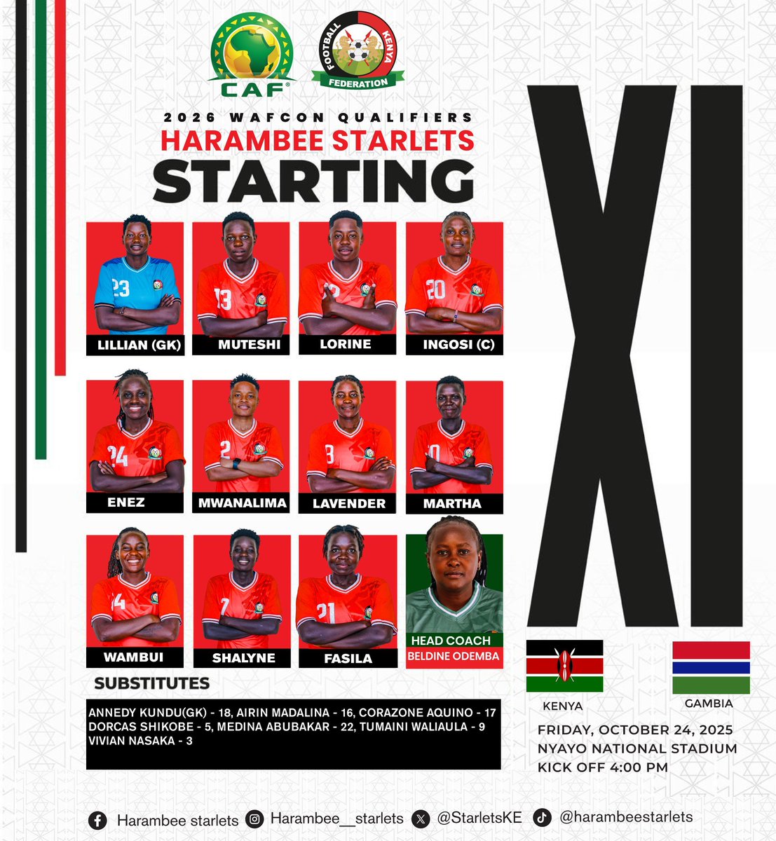 joel_karamu's tweet image. Harambee Starlets line up against Gambia this evening at Nyayo National Stadium.