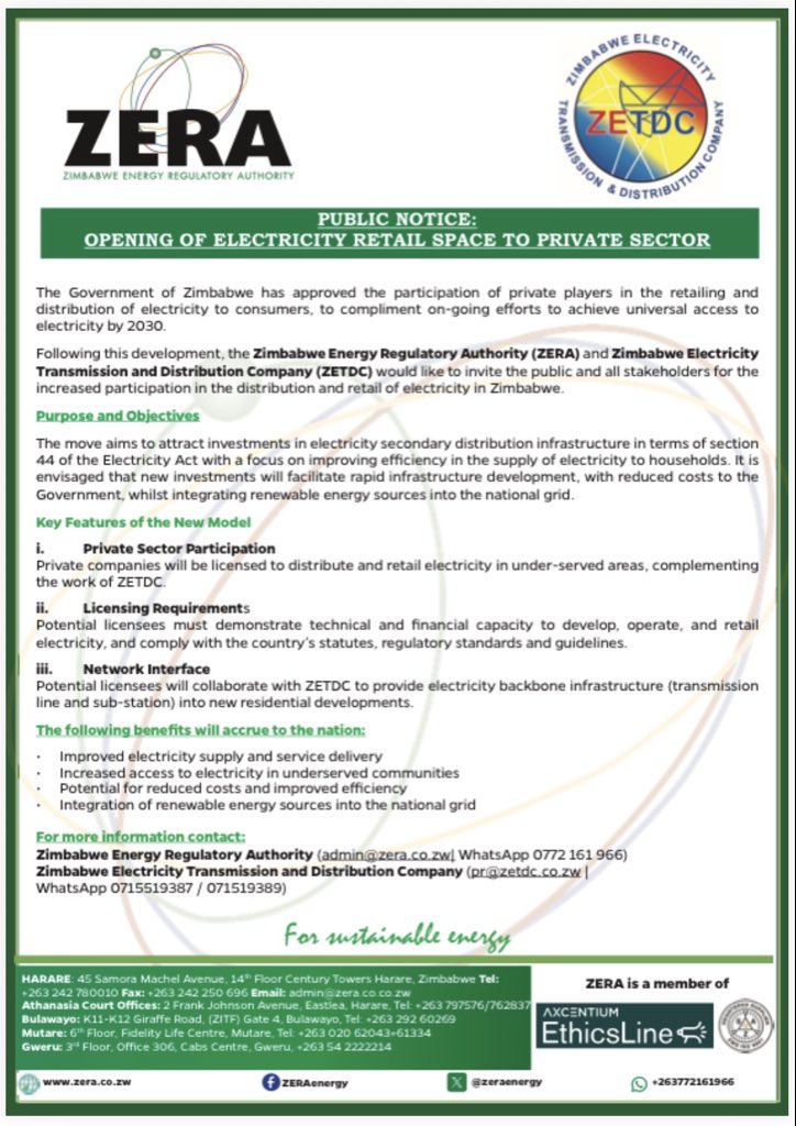 The Government of Zimbabwe has opened the electricity retail space to private players, boosting investment, innovation &amp; access to power.

#ZERA &amp; #ZETDC invite stakeholders to join efforts toward universal electricity access by 2030.

#ForSustainableEnergy