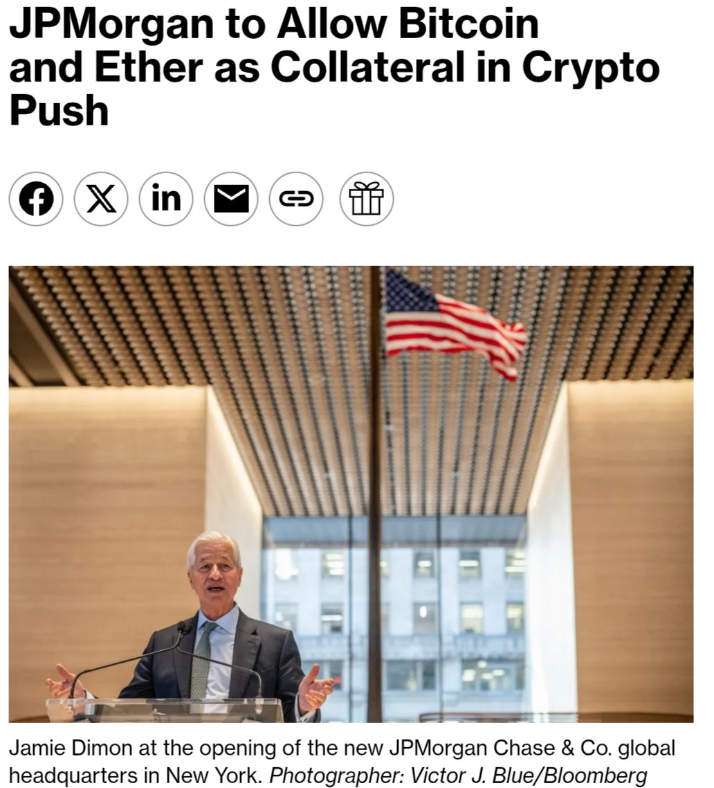 JPMorgan to let institutional clients pledge Bitcoin and Ether as loan  collateral by year-end: Bloomberg They push, others will follow.