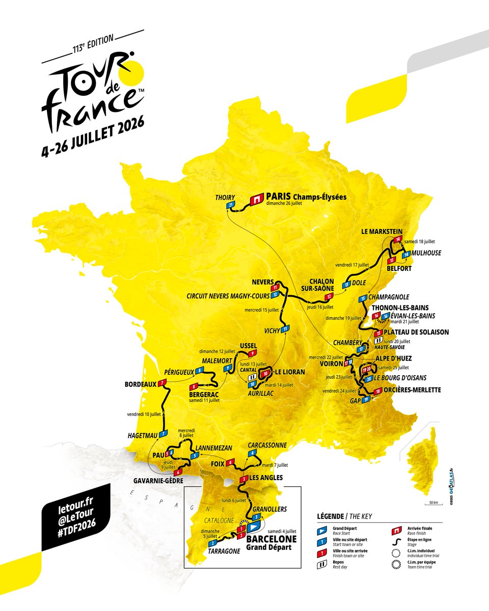 Here is the route of the 2026 <a href="/LeTour/">Tour de France™</a>. Nothing in the North but the traditional visit to Paris. Barcelona host the start. Back in the race is Alpe d'Huez. A few riders might be re-thinking retirement.