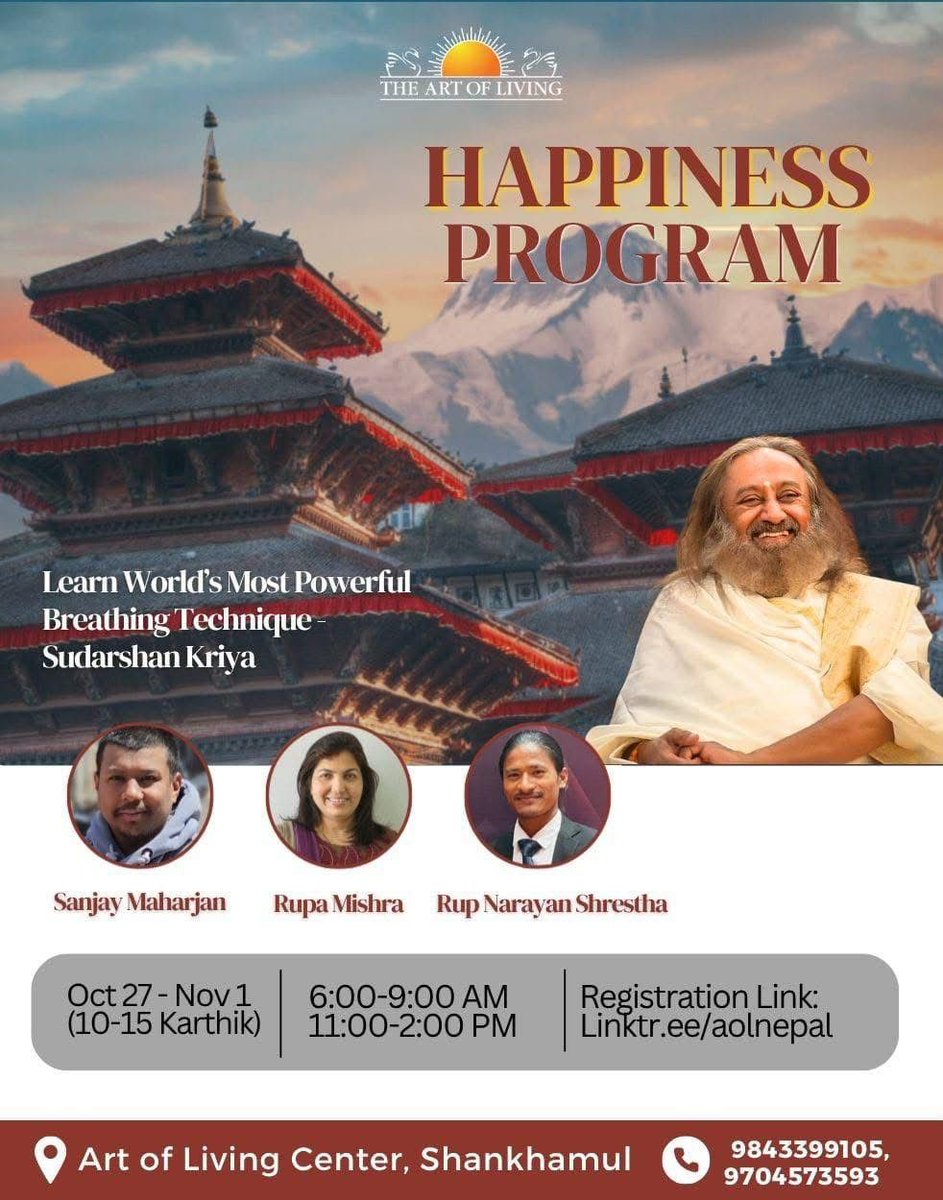 perbeteshor's tweet image. Let’s join 6 days transformative journey.

27th OCT to 1st NOV)
6:00am -9:00am or 11:00am -2:00pm
The Art of Living Center, Shankhamul.

Registration link : linktr.ee/aolnepal 
Contact : 9843399105 

#HappinessProgram
#SudarshanKriya
#TheArtofLivingNepal