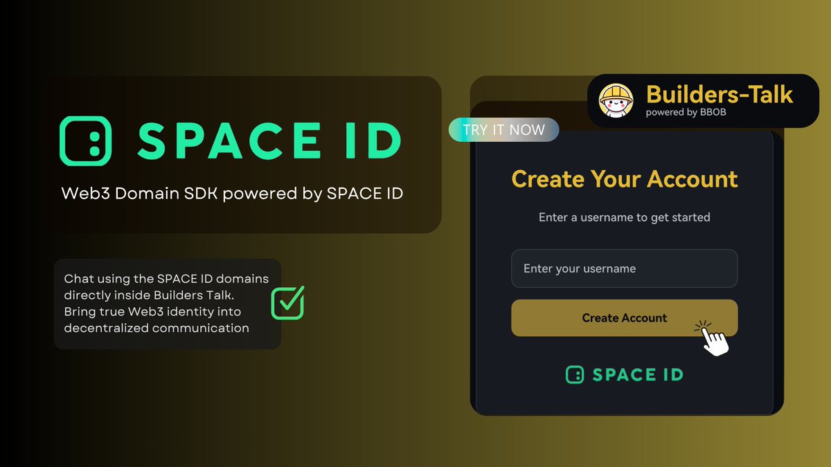 _BabyBuilder's tweet image. SPACE ID @SpaceIDProtocol has now been integrated into Builders Talk @_BabyBuilder - a decentralized, encrypted messaging dApp built entirely on #BNBChain! 💬
Users can now register and chat using SPACE ID domains, directly within Builders Talk — bringing true Web3 identity…
