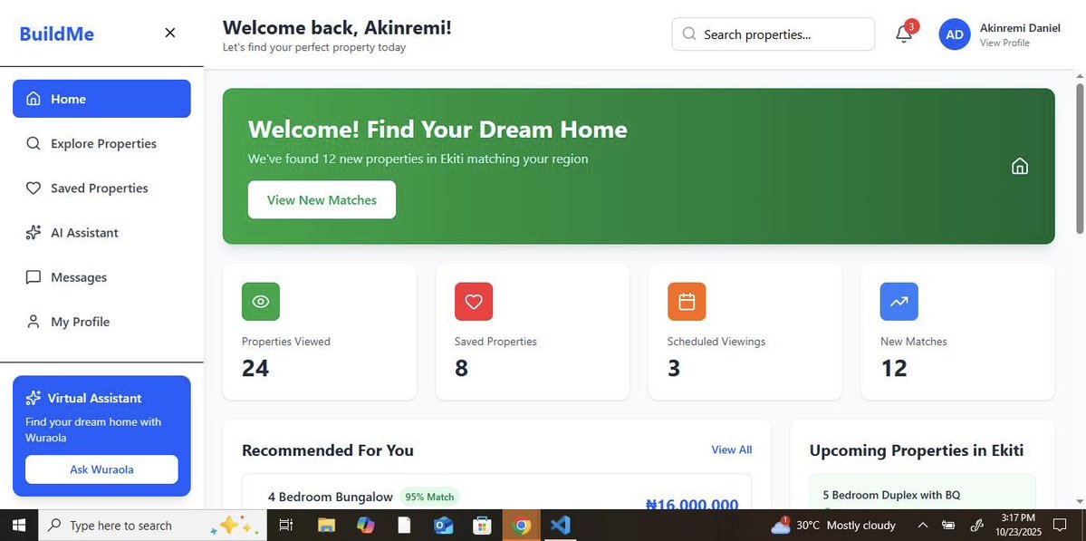 AkinremiDaniel2's tweet image. BuildMe Progress Report: I’m excited to share that the dashboard’s up!
Includes user profile + virtual assistant.
More features coming some may go as I refine the experience.
What do you think so far?
#BuildInPublic #Frontend #BuildMe #Reactjs