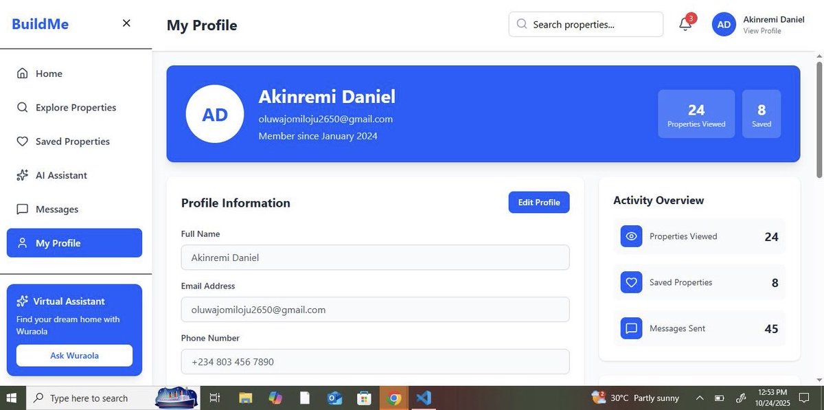 AkinremiDaniel2's tweet image. BuildMe Progress Report: I’m excited to share that the dashboard’s up!
Includes user profile + virtual assistant.
More features coming some may go as I refine the experience.
What do you think so far?
#BuildInPublic #Frontend #BuildMe #Reactjs