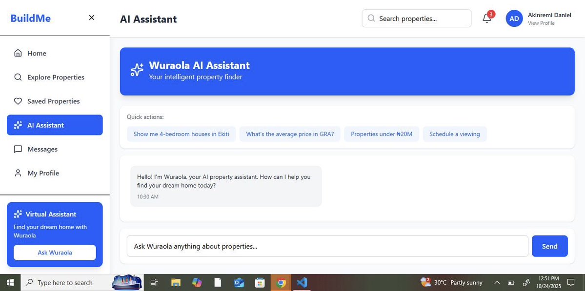 AkinremiDaniel2's tweet image. BuildMe Progress Report: I’m excited to share that the dashboard’s up!
Includes user profile + virtual assistant.
More features coming some may go as I refine the experience.
What do you think so far?
#BuildInPublic #Frontend #BuildMe #Reactjs