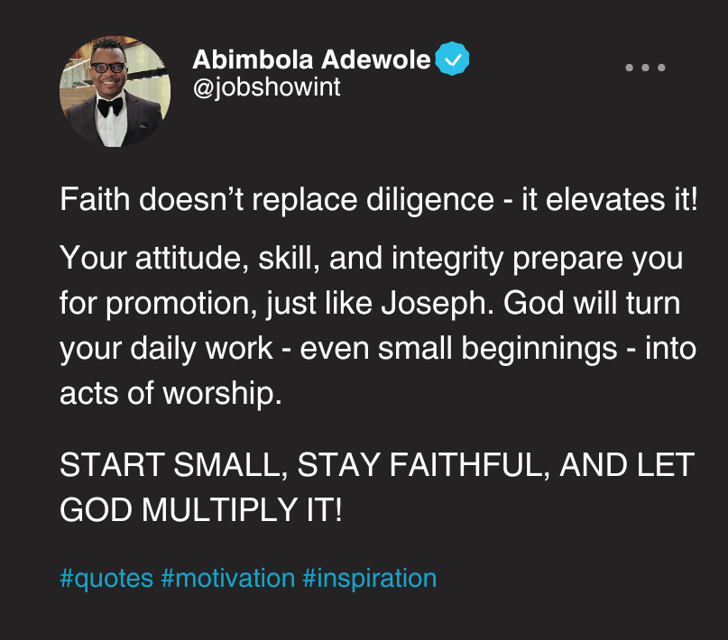 JobshowInt's tweet image. Elevate.
#FaithAtWork #Growth #Leadership #Motivation #Integrity