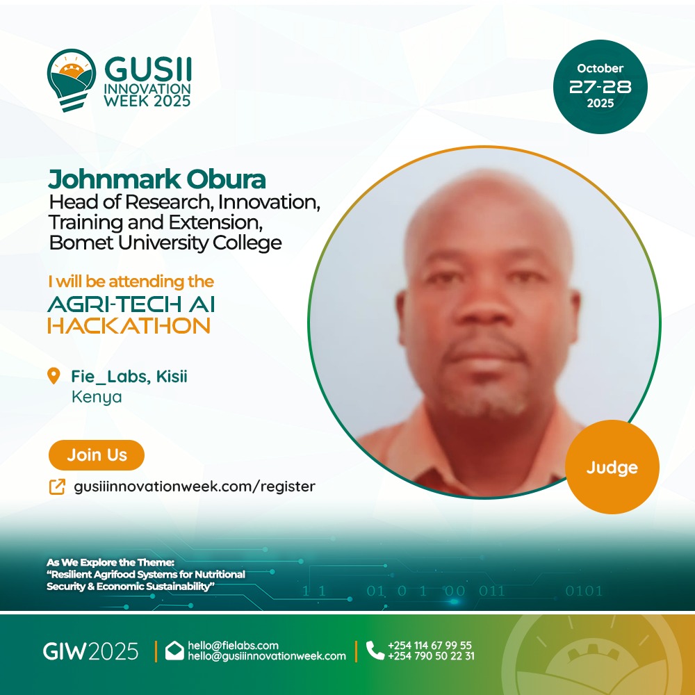 We’re thrilled to have Johnmark Obura, Head of Research &amp; Innovation @ Bomet University College, join the #AgriTechAIHackathon at #GusiiInnovationWeek2025 (Oct 27–28, Kisii National Polytechnic)! 

Championing #Startups, #Innovation &amp; #AgriFinance

#GDGKisii #AgriTech