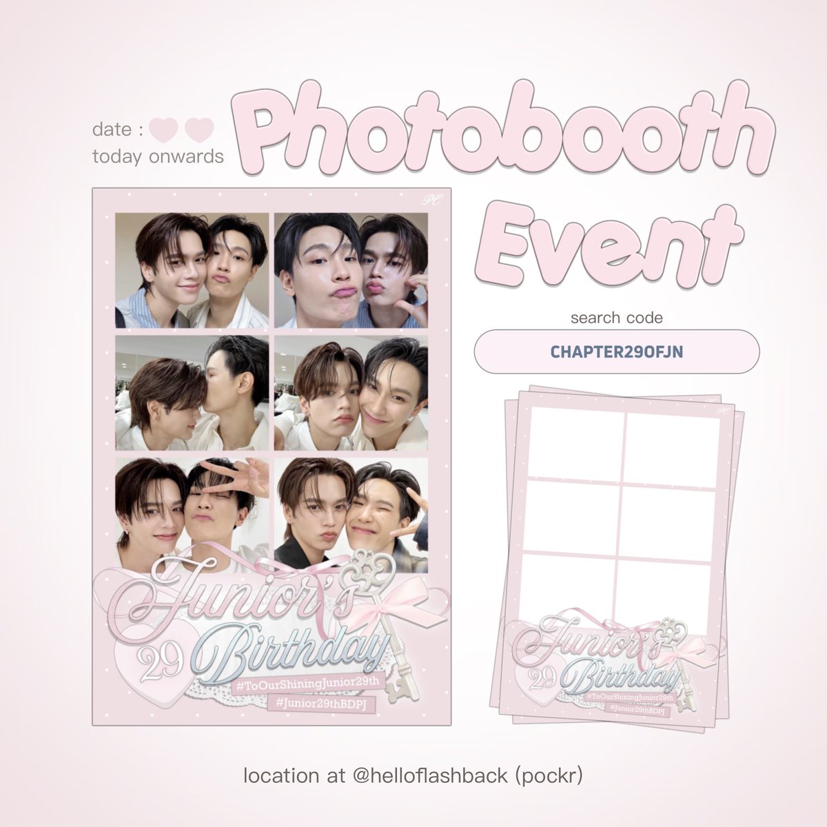 HAPPY JUNIOR’S DAY 🤍👶🏻🎀
Photobooth Frame ♡ᜊ♡𐙚

Available at hello.flashback !
𓈒 Code : CHAPTER29OFJN
𓈒 Date : today onwards 

#Junior29thBDPJ #junniorrs 
#ToOurShiningJunior29th