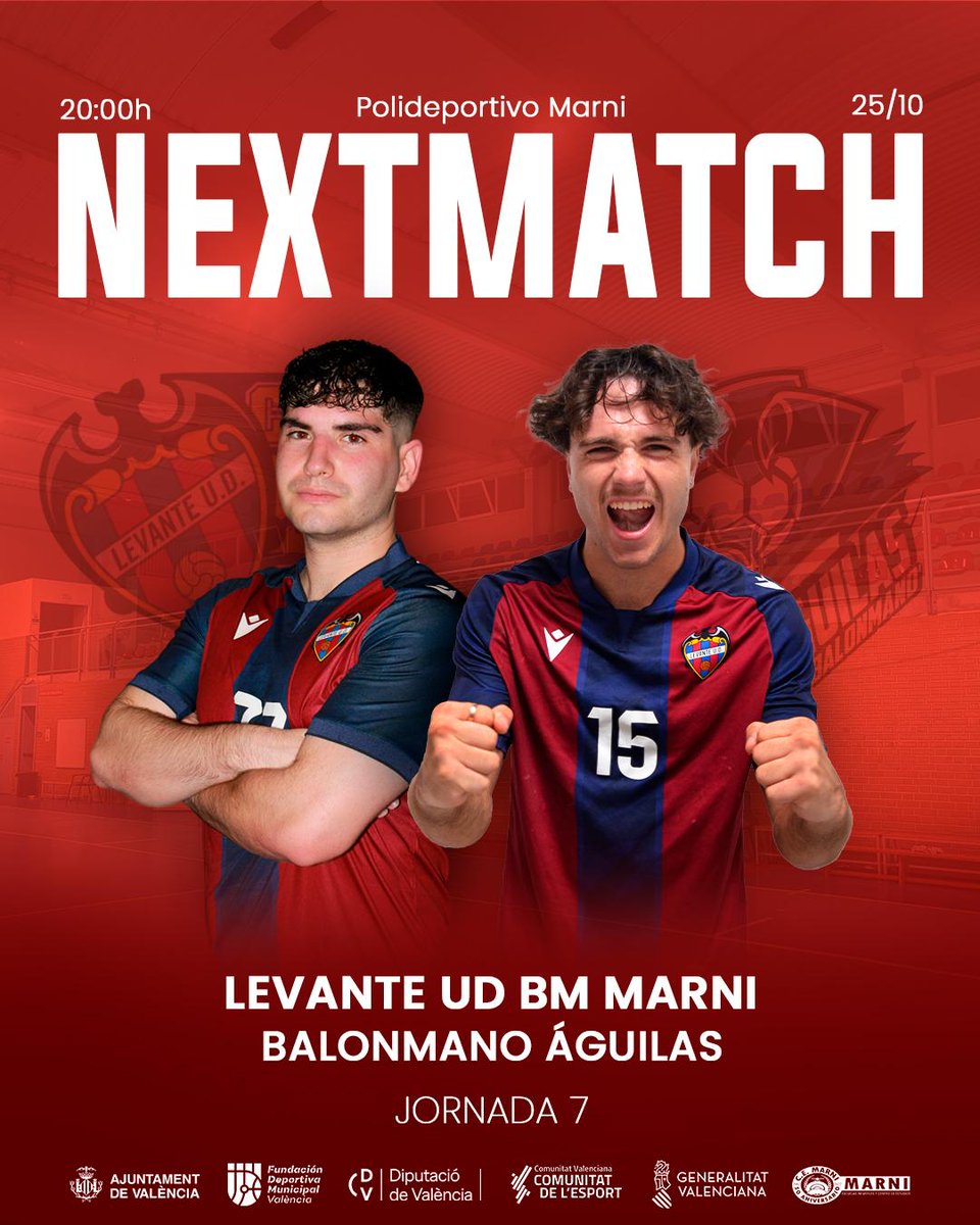 NEXT MATCH 🔥
🤾🏻‍♂️ El 1ª Nacional juega en casa ante <a href="/CBMAGUILAS/">Balonmano Águilas</a>  en su 7ª jornada. Buscarán sumar 2 puntos ante el 2º💪🏼
📅 25/10 ⌚️ 20:00h
🏟️ P. Marni
Os esperamos a todos el sábado Marni, força! 💛💙
@c_e_marni @fdmvalencia <a href="/dipvalencia/">Diputació de València</a>
@dbsportpress @nostresport @polideportivocv