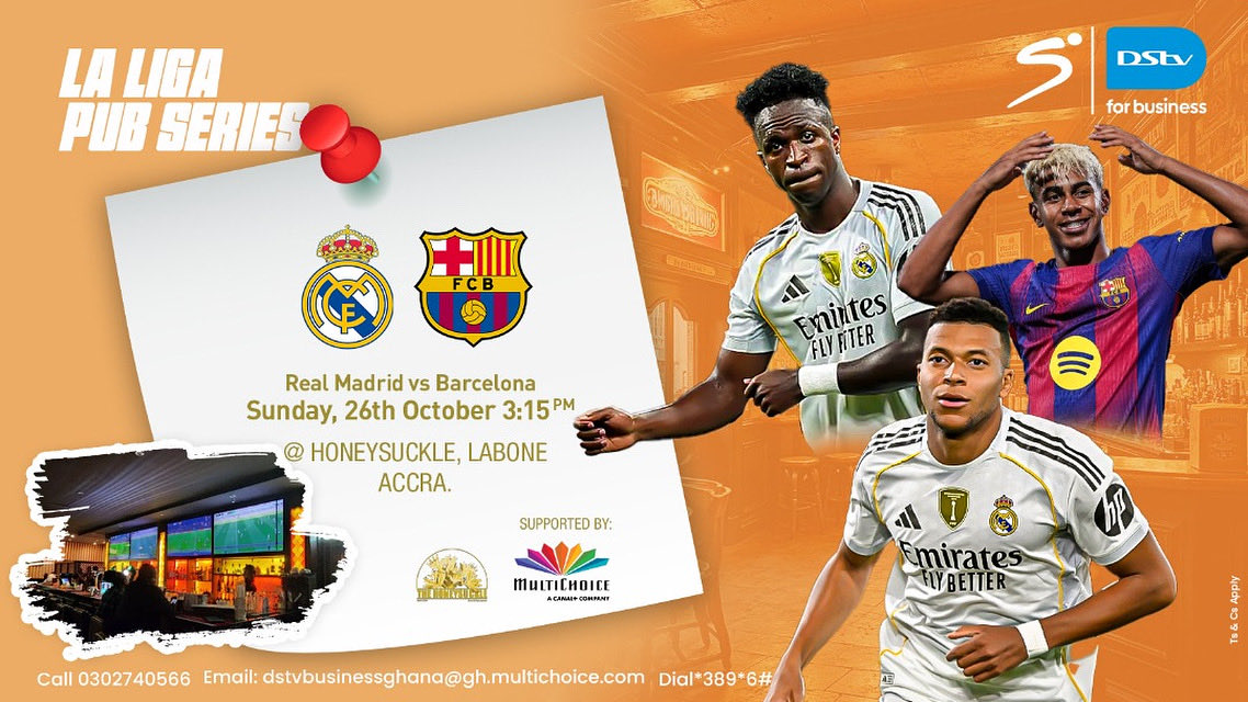honeysucklegh's tweet image. The wait is over it’s El Clásico time! ⚽🔥
Real Madrid vs Barcelona, this Sunday at 3:15 PM
Streaming LIVE across all Honeysuckle branches 🍻 Don’t miss out!

#ElClasico #HoneysuckleVibes #TheHoneysuckle #LaLiga #FootballNight #AccraEvents #WatchLive #BarVibes #PubLife