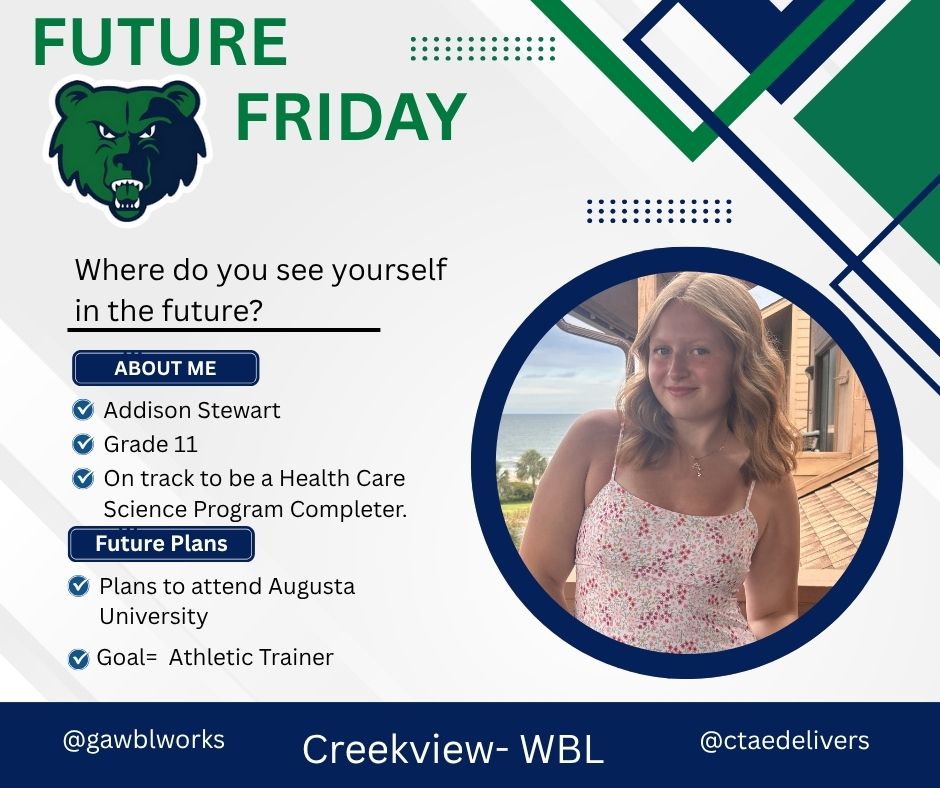 It's Future Friday. Addison Stewart is a CVHS student currently interning with our Creekview High School Alethic Trainer.  Addison is currently a Health Care Science Pathway Concentrator and is on track to be a program completer.  #gawblworks #ctaedelivers