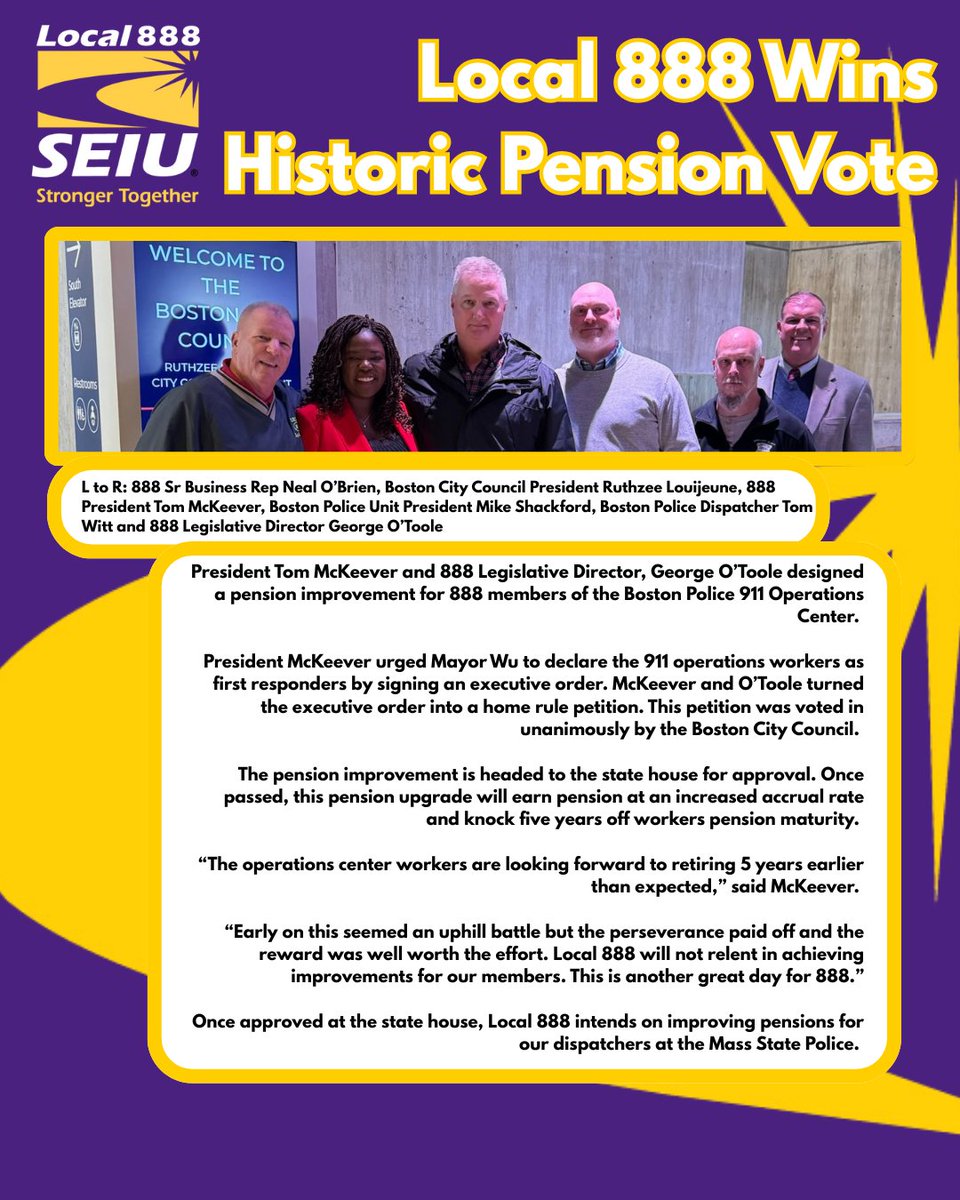 “The operations center workers are looking forward to retiring 5 years earlier than expected,” said McKeever.

#strongertogether #SEIULocal888 #911Dispatchers