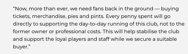 Kris Wigfield - one of the appointed administrators - has urged fans to get back in the ground and buying tickets, merchandise, pies and pints.