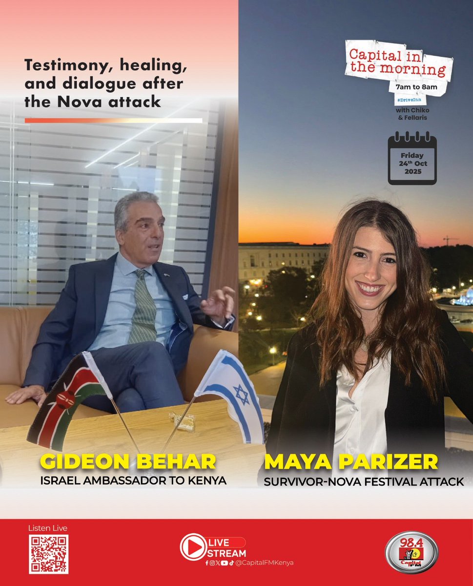 At the Capital FM interview this morning, Ms. Maya Parizer, accompanied by Ambassador Gideon Behar,  spoke about her journey, on finding strength in healing and refusing to live as a victim. 
Her courage is a reflection of the resilience of the Israeli people and the beauty of