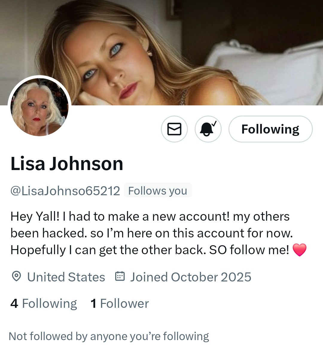 Please follow my great friend <a href="/LisaJohnso65212/">Lisa Johnson</a> 
Help this MAGA woman out.