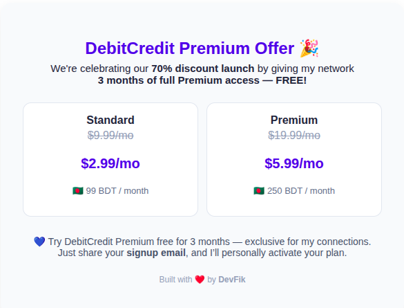 jinnatul_md's tweet image. We just made DebitCredit 70% cheaper 🎉

To celebrate, I’m giving my followers 3 months of Premium access — totally free!

Track income, expenses, debts &amp;amp; goals effortlessly.

👉 debitcredit.devfik.com/signup

Reply or DM your signup email💙

#DebitCredit #Fintech #BudgetApp #Startup