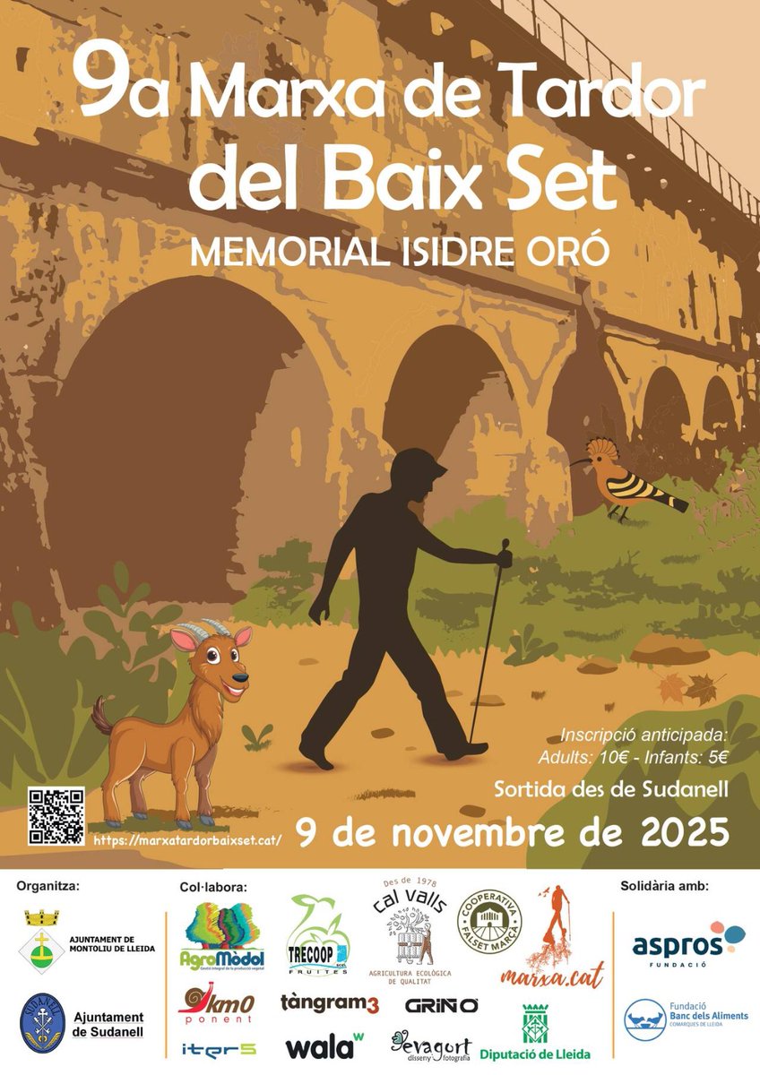 Vine a descobrir el Baix Set a la 9a Marxa de Tardor – Memorial Isidre Oró! 👣🍁
El 9 de novembre, recorre Sudanell i els municipis veïns de la comarca del SEGRIA mentre gaudeixes de natura 🌳, esport i solidaritat. Amb recorreguts per a tots els nivells, és una experiència