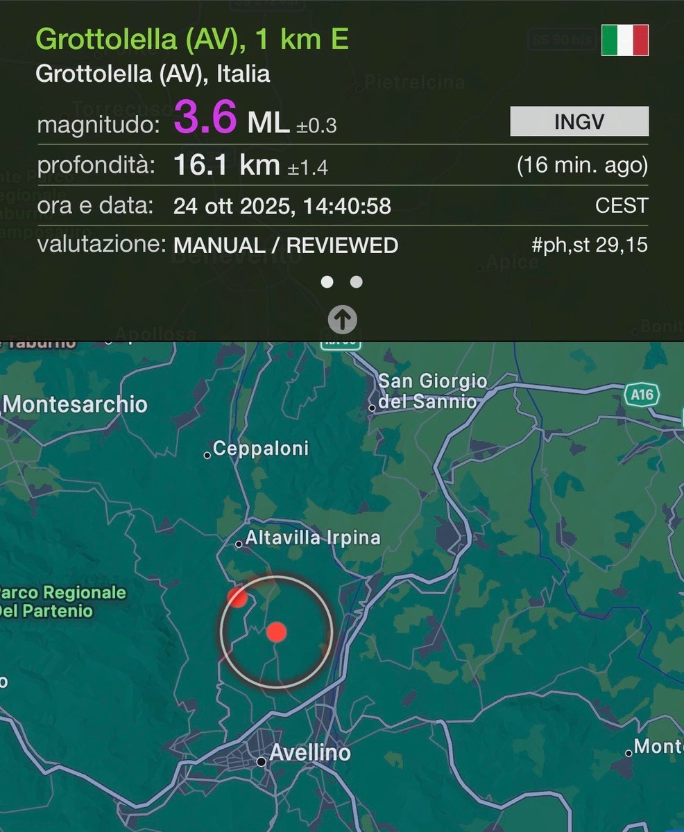 🔴 Scossa di terremoto in Irpinia
Una scossa di magnitudo 3.6 è stata registrata oggi pomeriggio, 24 ottobre 2025 alle 14:40, con epicentro a Grottolella, in provincia di Avellino. Il sisma, rilevato dall’INGV, si è verificato a una profondità di 16,1 km.