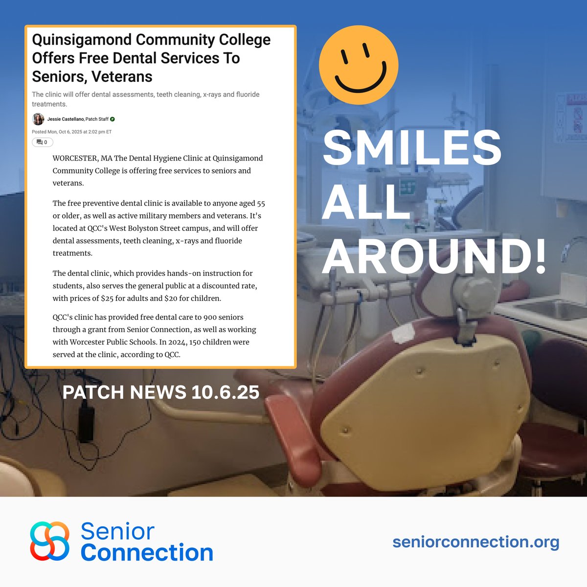Smiles all around! 😁 Thank you to Patch for highlighting Senior Connection’s dental clinic at Quinsigamond Community College, where we’re helping older adults get the care and confidence they deserve. Read the story below!
patch.com/massachusetts/…