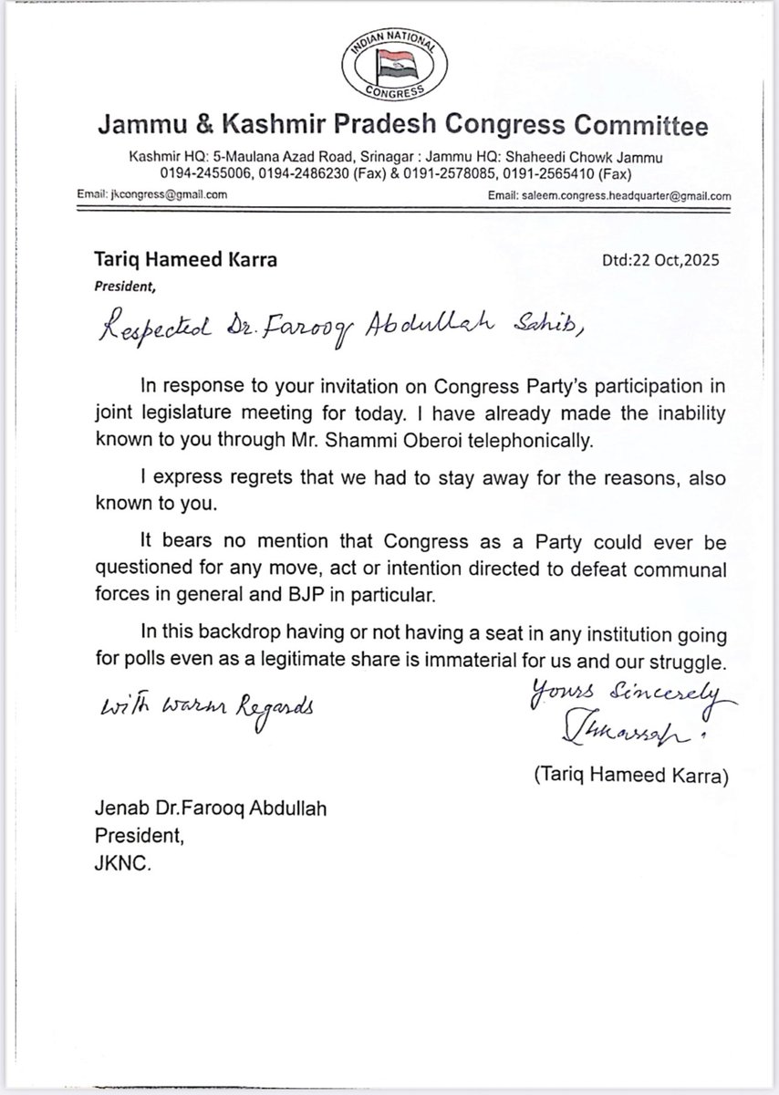 Credit where it’s due:- <a href="/INCJammuKashmir/">J&K Congress</a>  showed character by supporting <a href="/JKNC_/">JKNC</a> in Rajya Sabha, prioritising J&amp;K’s interests &amp; secular values over politics — even after being betrayed by Abdullah’s National Conference. That’s real leadership. Congress voted for People of J&amp;K.