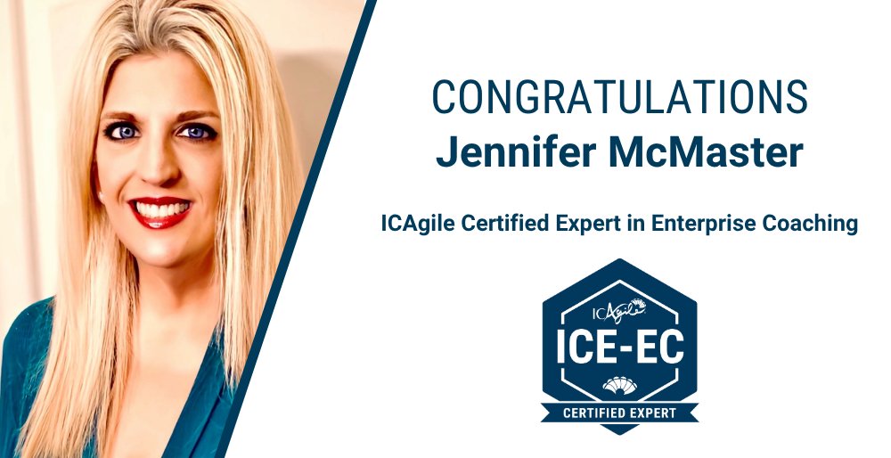 ICAgile's tweet image. Join us in celebrating Jennifer McMaster, who earned the prestigious, competency-based ICAgile Certified Expert in Enterprise Coaching (ICE-EC) designation!

Learn more about competency-based certification for the discipline of Enterprise Coaching: hubs.la/Q03PtGFs0