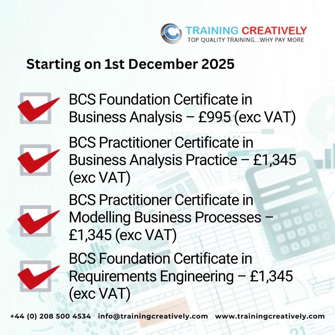 traincreatively's tweet image. 🎯 December Business Analysis Courses – Confirmed Dates! 🎯
Get certified before the year ends!💼

💻 Limited seats available — secure your spot today!
👉 zurl.co/L5DtH

#BusinessAnalysis #BCS #AgileBA #AgilePM #ProfessionalDevelopment #VirtualTraining #BusinessAnalyst