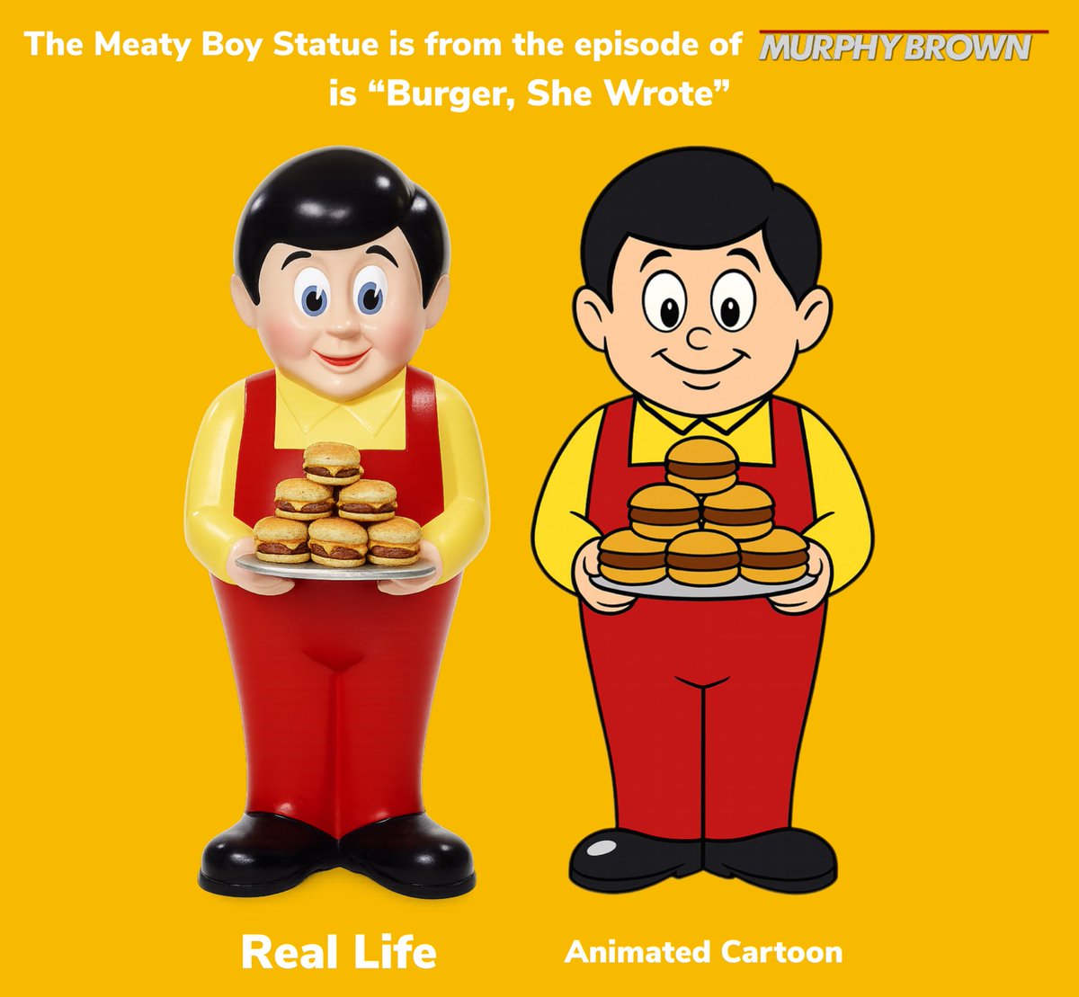 marklu2002's tweet image. Did you know that Meaty Boy Statue is from the episode of #MurphyBrown is “Burger, She Wrote” well that means they called the name of the restaurant is the Meaty Boy Burgers! 🧑🏻🍔🍟🥤
@MurphyBrownCBS #MurphyBrownCBS @CBS #CBS #CBSTV @warnerbrostv #WarnerBrosTV #WarnerBros