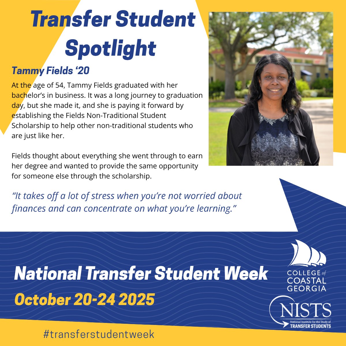 🎓 It’s #TransferStudentWeek! Meet Tammy Fields ’20, who earned her BBA at age 54 while balancing family &amp; work. Now she’s giving back with a scholarship for non-traditional students!

bit.ly/3WzyHPC

#MarinerPride #StudentSpotlight #CoastalGeorgia