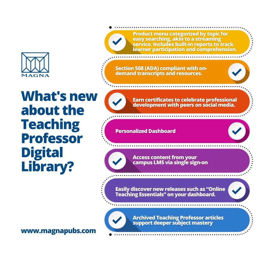 🎓 What’s New in the Teaching Professor Digital Library?

Discover a smarter, more engaging way to support professional development in higher education. 

🔗 Learn more: magnapubs.com/teaching-profe…

#HigherEd #FacultyDevelopment #OnlineLearning #TeachingExcellence