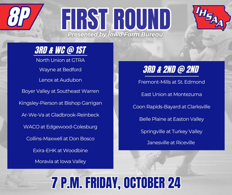 IHSAA's tweet image. The 2025 IHSAA Football Playoffs presented by Iowa Farm Bureau kickoff tonight in 2A, 1A, A, and 8P #iahsfb! 🏈 Good luck to all our first round teams!
⏰ 7 p.m.
🎟️ iahsaa.org/tickets/ 
🏆 iahsaa.org/football/state…