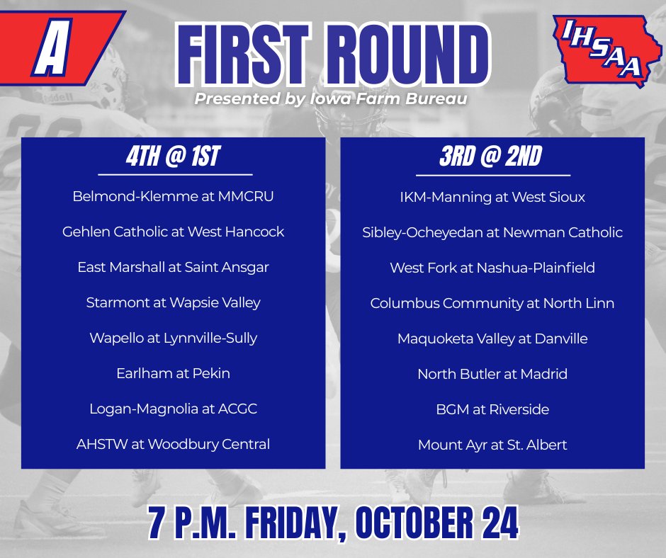 IHSAA's tweet image. The 2025 IHSAA Football Playoffs presented by Iowa Farm Bureau kickoff tonight in 2A, 1A, A, and 8P #iahsfb! 🏈 Good luck to all our first round teams!
⏰ 7 p.m.
🎟️ iahsaa.org/tickets/ 
🏆 iahsaa.org/football/state…
