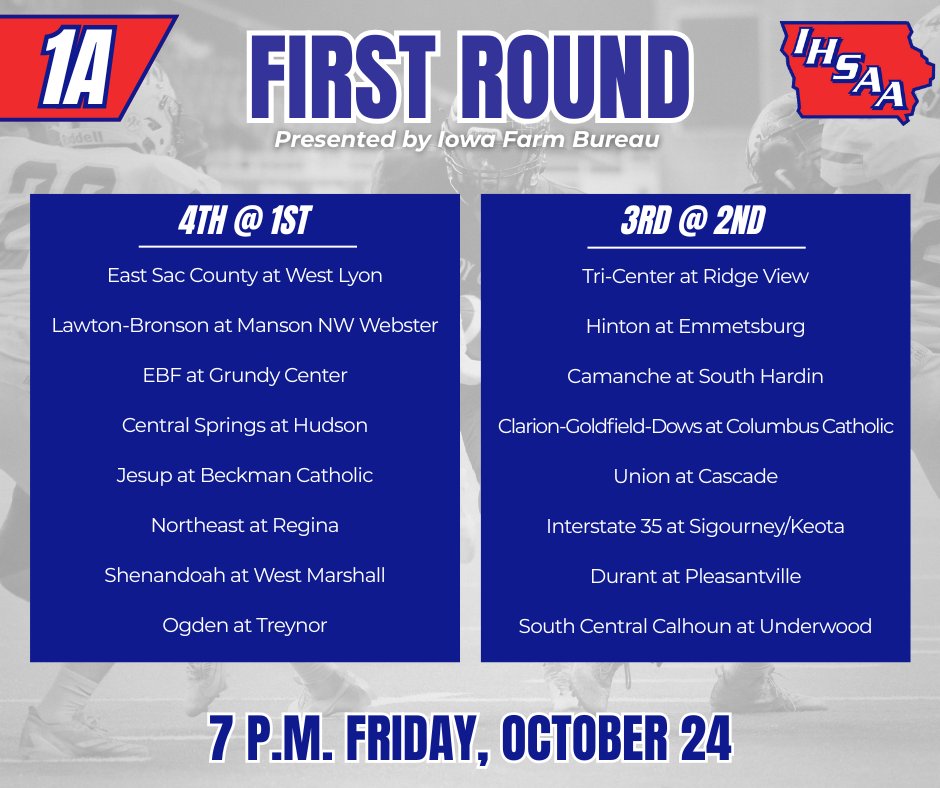 IHSAA's tweet image. The 2025 IHSAA Football Playoffs presented by Iowa Farm Bureau kickoff tonight in 2A, 1A, A, and 8P #iahsfb! 🏈 Good luck to all our first round teams!
⏰ 7 p.m.
🎟️ iahsaa.org/tickets/ 
🏆 iahsaa.org/football/state…