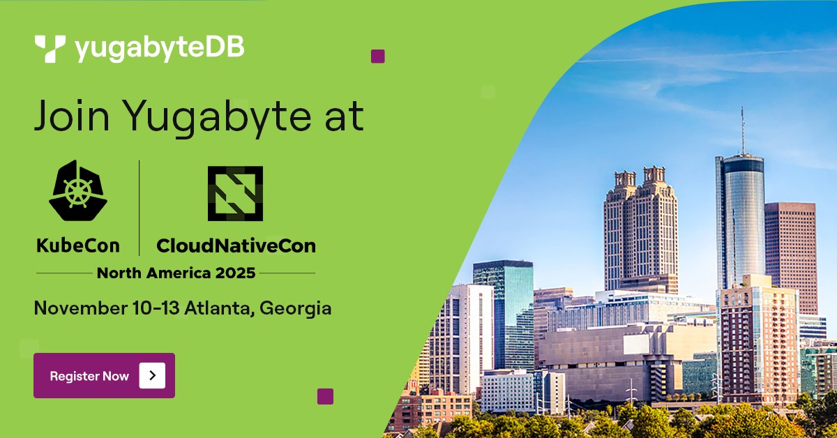 Yugabyte's tweet image. Join the @Yugabyte team at #KubeCon in Atlanta, Nov 10-13, and explore how to modernize your applications with an #AI-ready, #PostgreSQL-compatible #distributedSQL database.📆
Visit booth #1030 for hands-on demonstrations, cool swag and prizes, and informative discussions with…