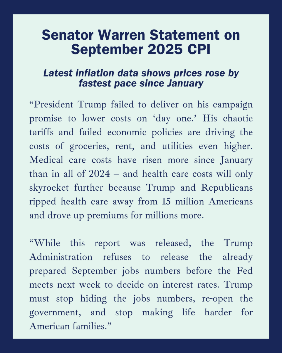 Ranking Member Warren's statement on September 2025 CPI: