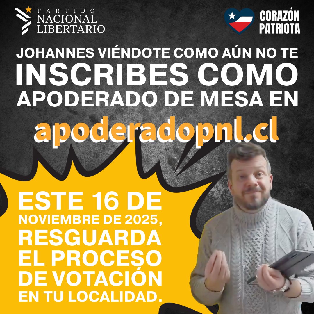Atención Patriotas!!! Te inscribiste como apoderado de mesa?🇨🇱 #ChileKaiser4K #Ruta4K  <a href="/Jou_Kaiser/">Johannes Kaiser. Diputado por el distrito 10</a> <a href="/soloxmipie56612/">AndresPatriotCaravan .Dios Patria Familia Libertad</a> <a href="/vanessakaiser22/">Vanessa Kaiser Barents</a> <a href="/Francis25830521/">Francisco de La Diestra🇨🇱 (Capitán Hunter)</a> <a href="/KrAn_Libertario/">KrAn ⭐️</a> <a href="/PatricioGajar17/">Patricio Gajardo Lagomarsino</a> <a href="/Clabbem/">Cristián Labbé M.</a>