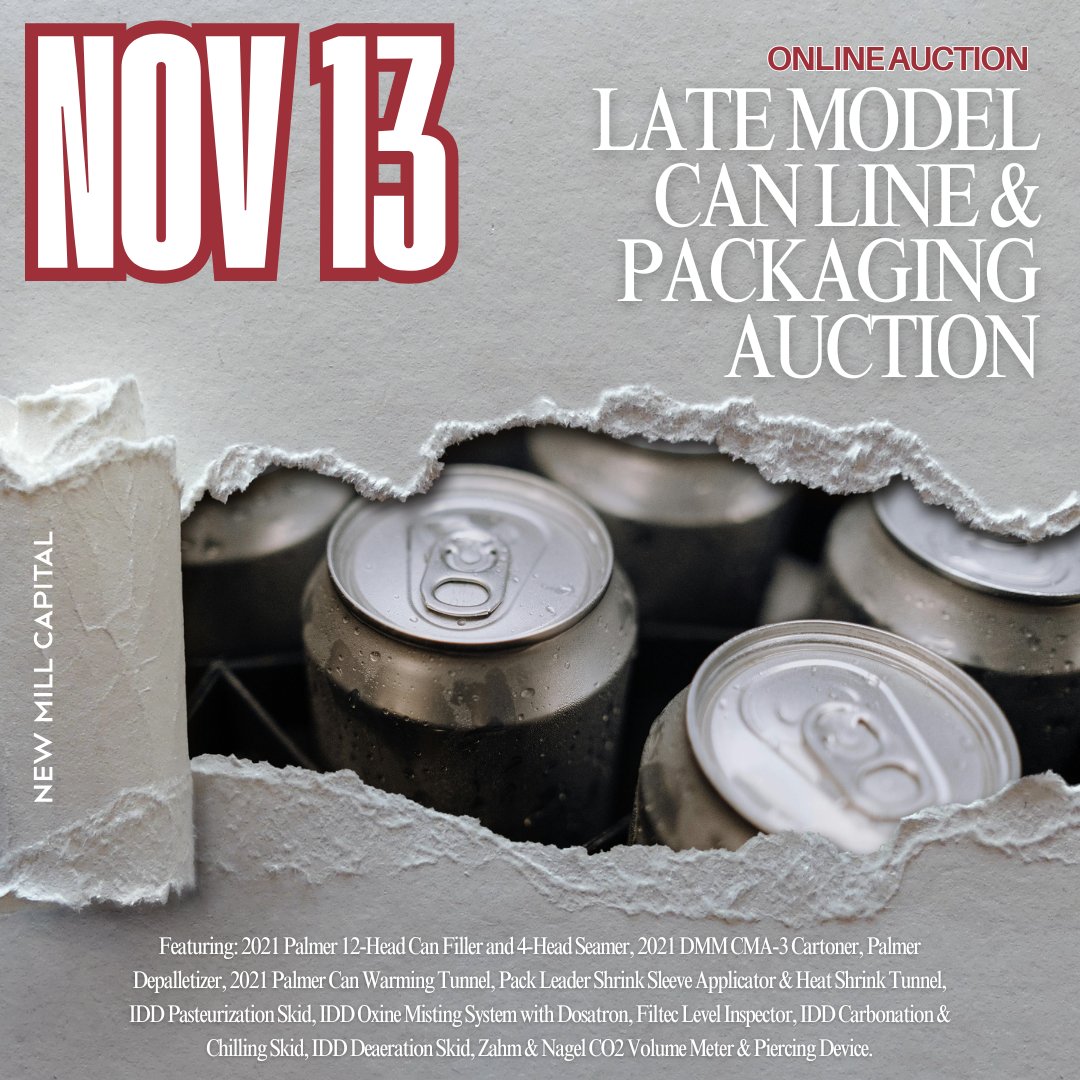 ONLINE AUCTION - Late Model Can Line &amp; Packaging Auction. View Details >> ow.ly/gqbs50Xh9CT #onlineauction #auction #newmillcapital #canline #packaging #brewery #brewhouse #craftbeerbrewing #beverageprocessing #beverageindustry #seamer #cartoner #depalletizer
