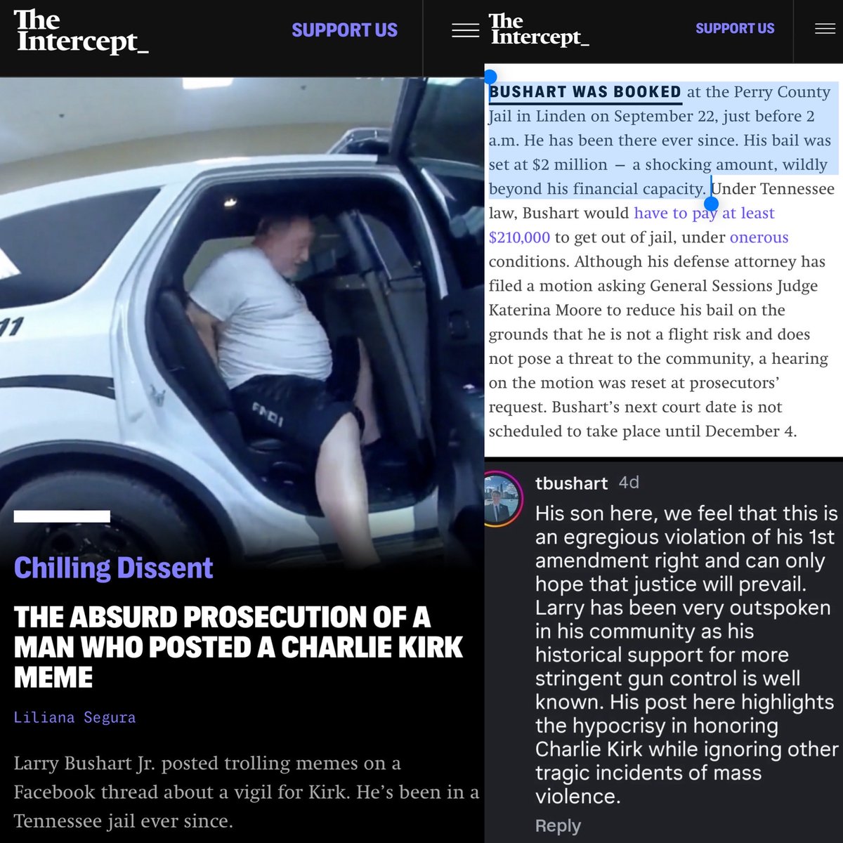 TheTNHoller's tweet image. UPDATE — PERRY COUNTY, TN: LARRY BUSHART IS STILL in jail since 9/22, bail at $2 million (!!), for posting a “we have to get over it” Trump meme after Kirk’s murder

(seems Sheriff Weems didn’t realize “Perry High” Trump referred to in the meme is in Iowa) theintercept.com/2025/10/23/cha…