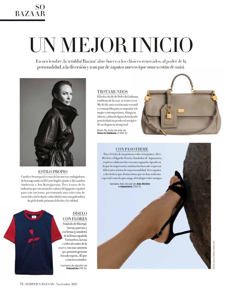 Harper's Bazaar Spain November 2025 YOUR OWN STYLE Candice Swanepoel is one  of the new ambassadors of the season at El Corte Inglés (along with  Alessandra Ambrosio and Jon Kortajarena). Three icons, image size:926x1200